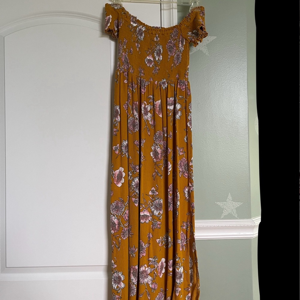 small aeropostale yellow floral off the shoulder maxi dress